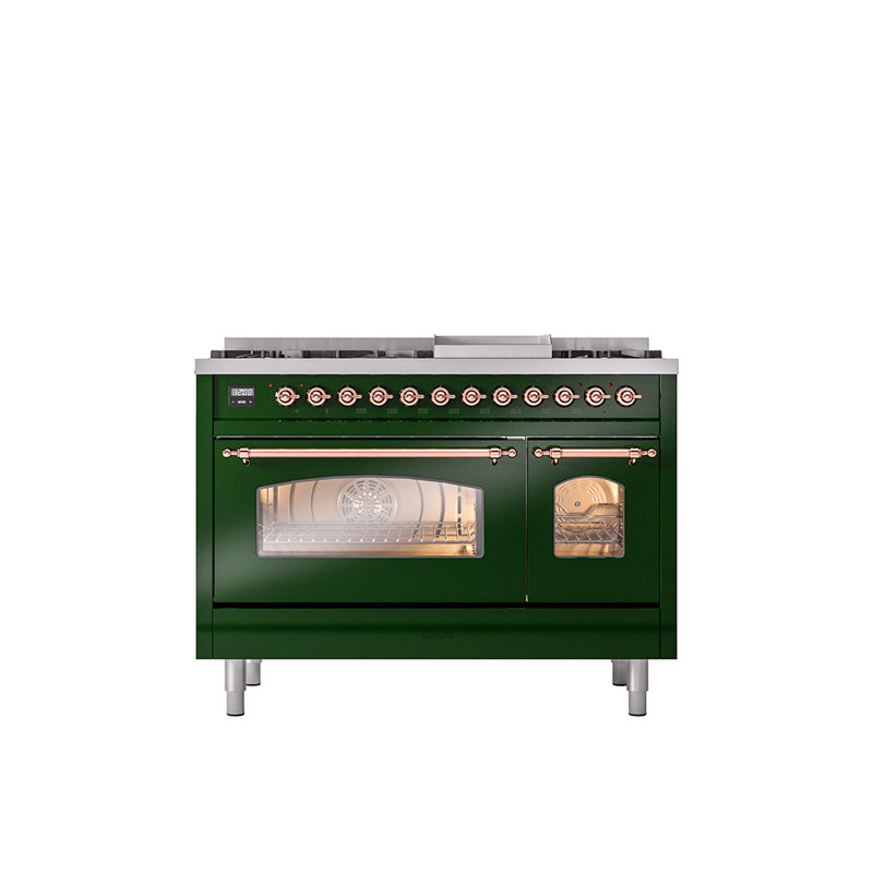 ILVE Nostalgie II Series 48 inch Dual Fuel Range with 8 Sealed Burners, Griddle (Glass Door), Emerald Green/Copper