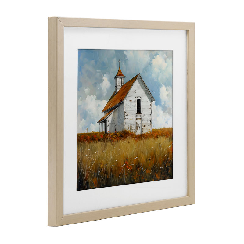 «Rustic Church in Field», reproduction encadrée sous verre, design by Creative Studio, 13 x 13