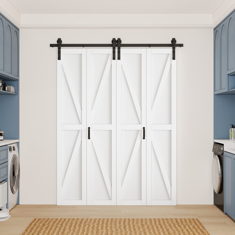 Porte de grange double en bois à double panneau avec trousse de quincaillerie d'installation, 64 po x 84 po