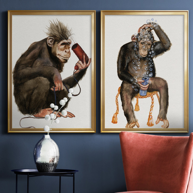 «Bath Animals I», ensemble de 2 impressions, Pas de tapis, H 26,5 po x l 73 po x P 1,5 po, Toile encadrée dorée