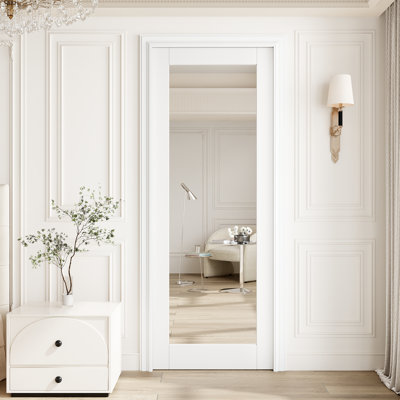 Porte de miroir de 28 po x 80 po, porte de dalle intérieure 1-Lite Premium, porte de dalle blanche apprêtée prête à peindre, sans quincaillerie, parfaite pour la chambre à coucher, le placard, le couloir, le salon, le garde-manger et la salle de bain. Poche, portes françaises et pliantes