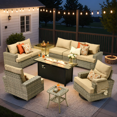 7-Person All Weather Wicker Outdoor Sectional with Swivel Rockers, LED Coffee Table, Fire Pit