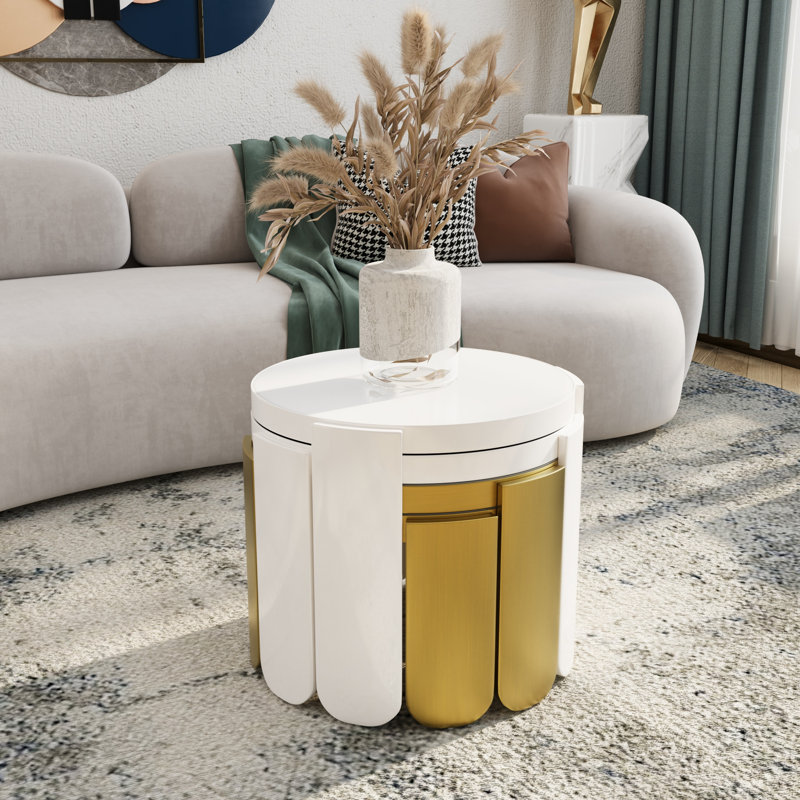 Brass 4 In 1 Self-Defined Nesting Round Coffee Table/End Table, White/Brass