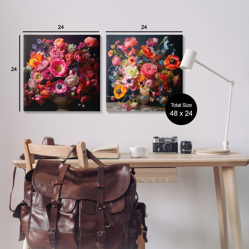 «Stunning Still Life Floral Arrangement», ensemble de 2 toiles murales par Lazar Studio, H 24 po x l 24 po