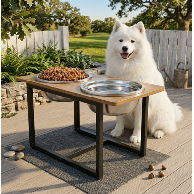 Elevated Dog Bowls for Large Dogs with X-Large 3.5L Stainless Steel Bowls, Rustic Walnut Stand