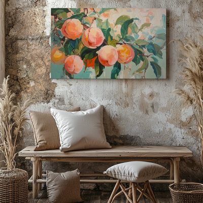 Peach Branch Canvaswhimsical Painterly Fruit Art In Pastel Tones Wall Art Canvas