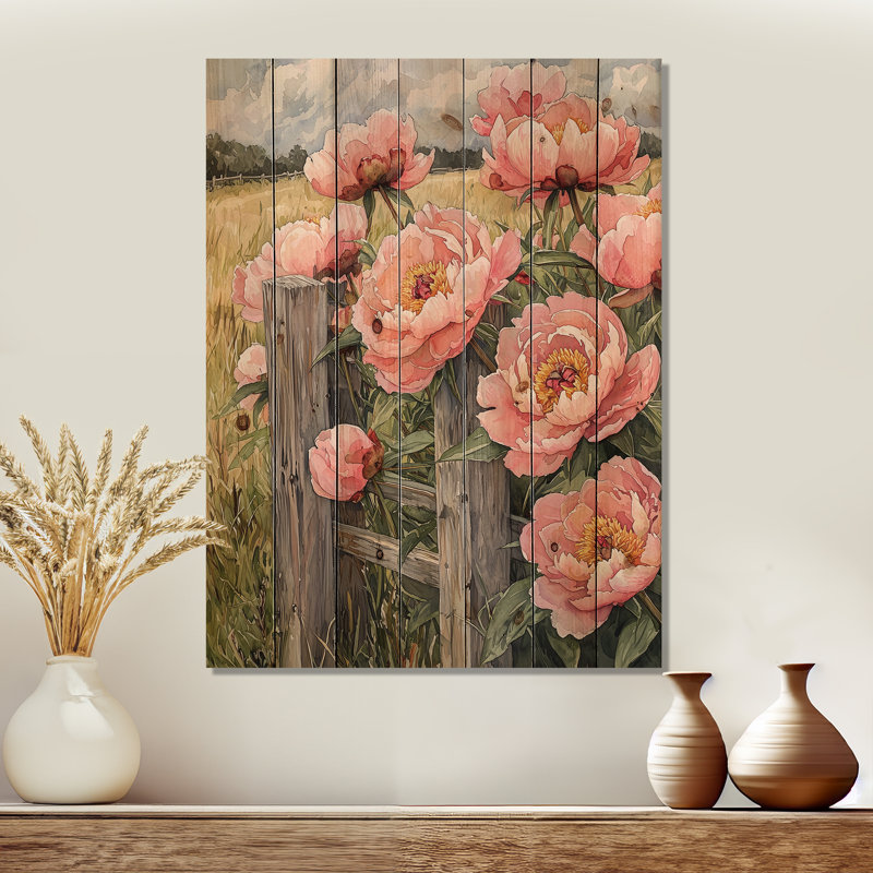 Peonies At The Farm Fence II - Peonies Wood Wall Art - On Natural Pine Wood, 40" H x 30" W x 0.78" D