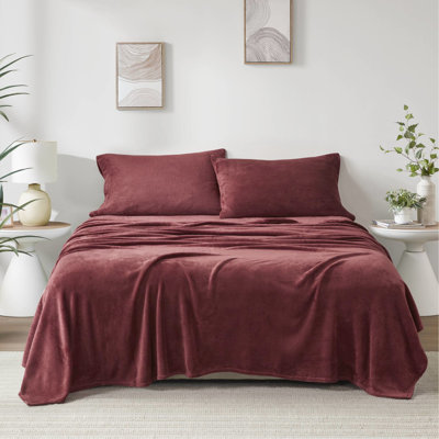 Drap simple bourgogne de taille simple 3 pièces, doux et relaxant, 100%, brossé deux fois, finition veloutée lisse, drap plat, taie d'oreiller ajustée, drap pour matelas de 16 po, entretien de la machine,