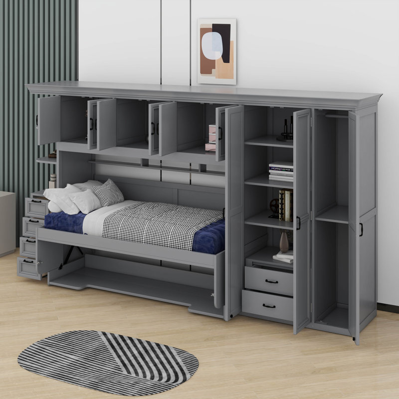 Lit escamotable simple avec garde-robe et 3 armoires supérieures, lits escamotables en bois avec bureau et tiroirs de rangement