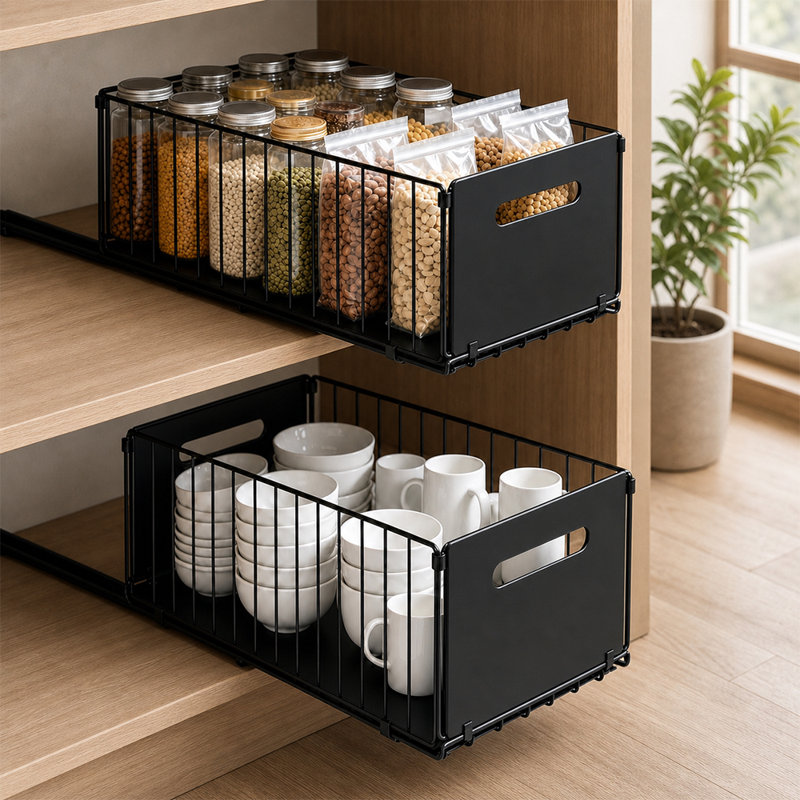 Ensemble de 2 tiroirs escamotables dans une armoire avec planeurs