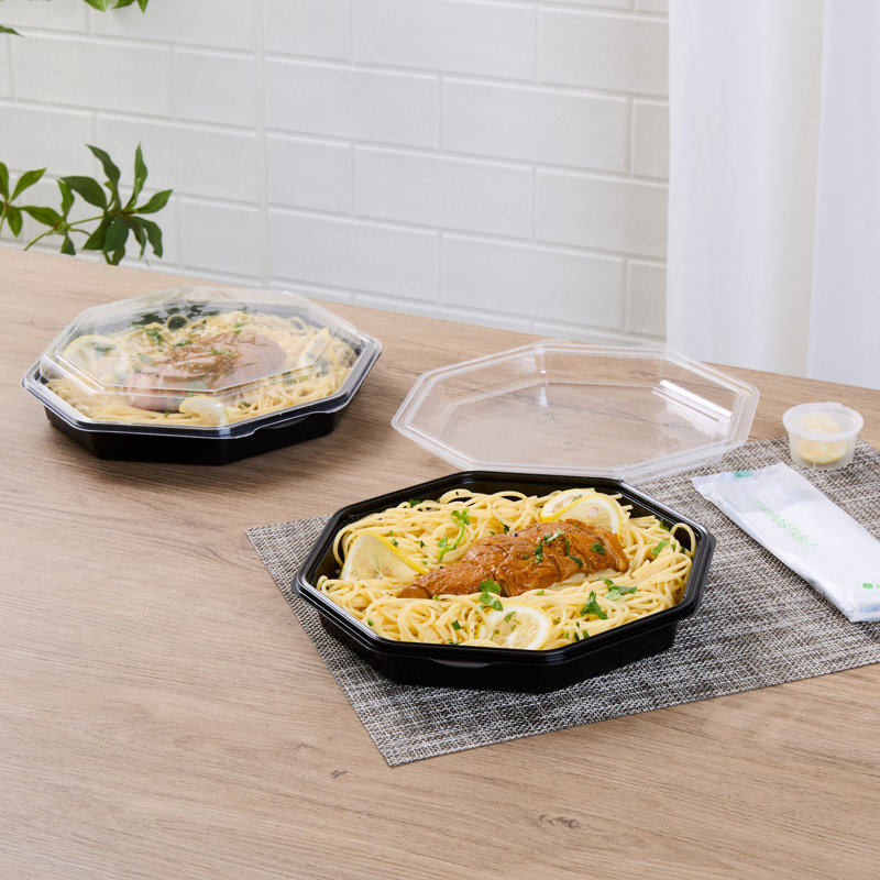 RW Base 9.06 x 9.06 x 2.09 Inch Food Containers, 100 Octagon Disposable Salad Containers - Durable, With Clear Lid, Black Plastic Food Containers, For Appetizers, For Cafes - Restaurantware