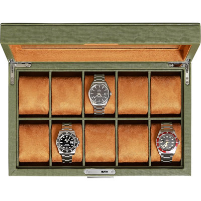 Boîte à montres en cuir à 10 emplacements - Présentoir de luxe pour bijoux - Étui de présentation verrouillable avec grand couvercle en verre - Boîte de rangement (Vert/Beige)