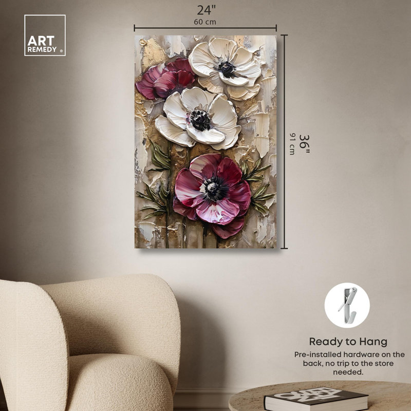 Large Beige and Red Floral Canvas Art