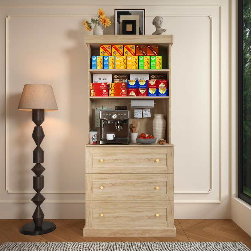 Kenric Three Layers of Drawers and Open Countertops&Bookcases, Brown, 70.8"H x 31.5"W x 15.7"D