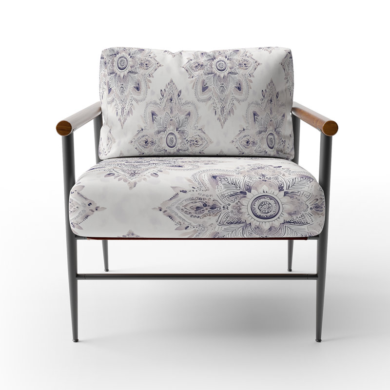 Chaise rembourrée à motif cachemire Paisley, Bras ronds bruns