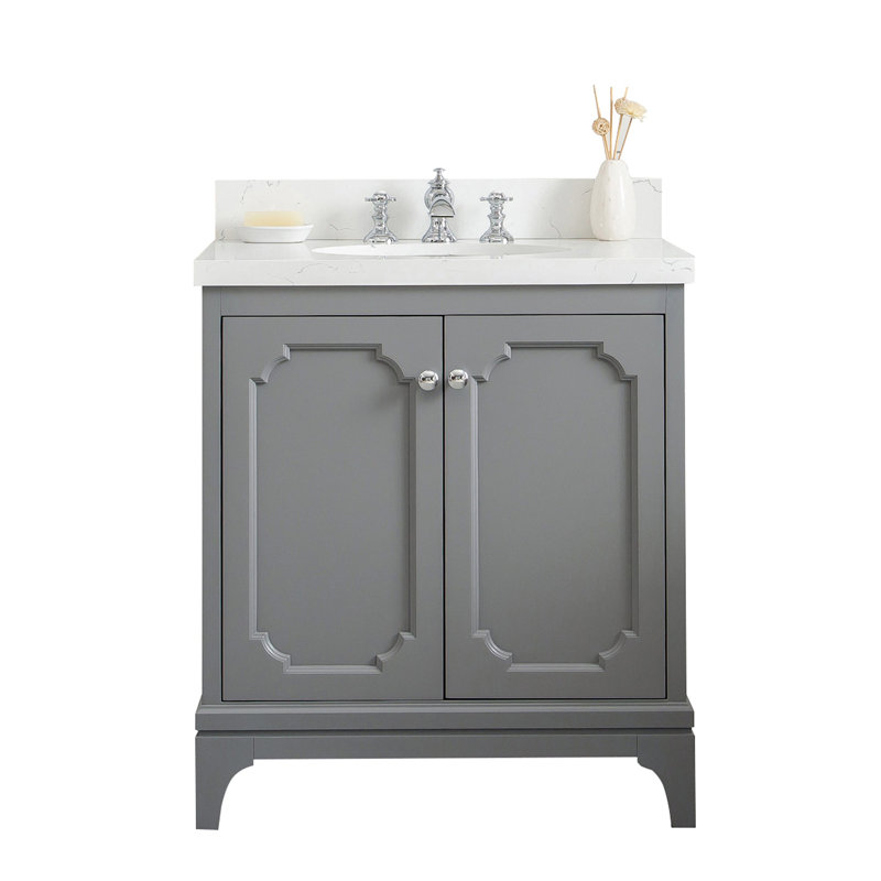Queen 30" Sink Carrara Quartz Countertop Bath Vanity with Faucet, Waterfall, Pure White