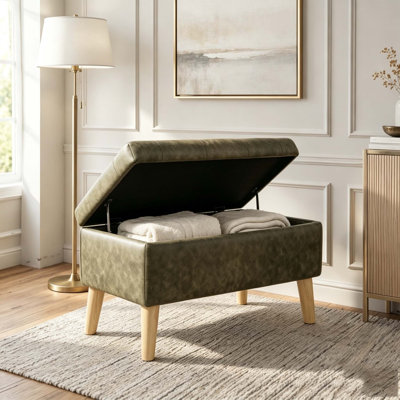 Banc de rangement avec repose-pieds carré de 32 po de large avec plateau intégré et rangement supplémentaire