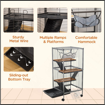Metal Small Animal Cage Rolling Big Ferret Cage, Chinchilla Cage, Sugar Glider Cage, With Hammock & 4 Tiers, Removable Tray