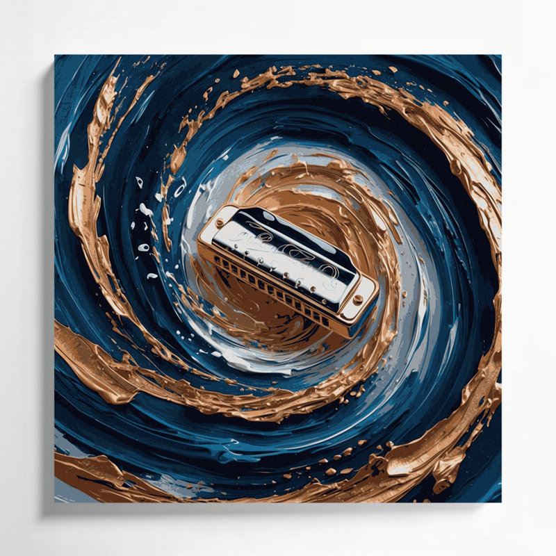 «Music Harmonica», art mural sur toile bleue, H 12 po x l 12 po
