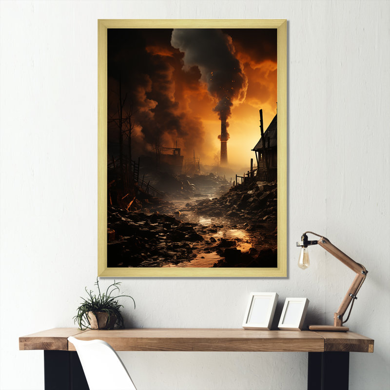 Paysage industriel monochrome au coucher du soleil sur toile, Cadre doré simple, H 32 po x l 16 po x P 1 po