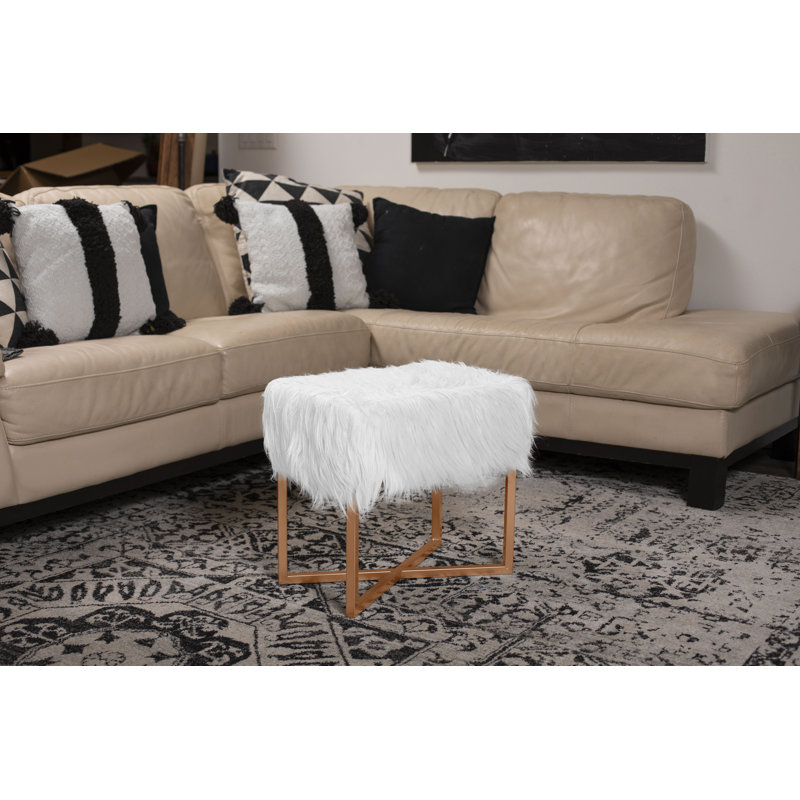 Upholstered Ottoman, White Faux Fur, Black