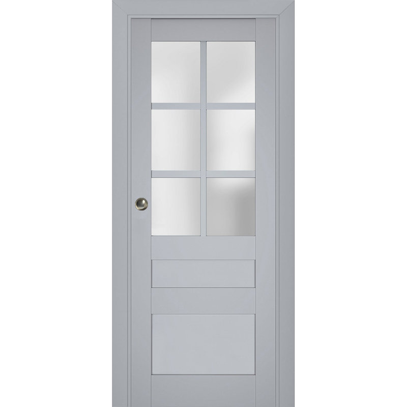 Porte coulissante à galandage avec verre dépoli Veregio 7339, gris mat, ensemble de garnitures, quincaillerie, bois massif, intérieur de chambre, portes robustes - 91,4 cm x 213,4 cm