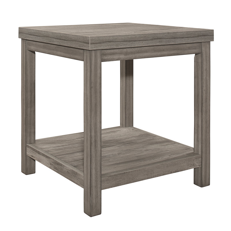 Ensemble de 3 tables d'appoint de style transitionnel comprenant 1 table basse et 2 tables de chevet, en stratifié mélamine et bois d'ingénierie, gris, fini vieilli, avec étagères de rangement inférieures.