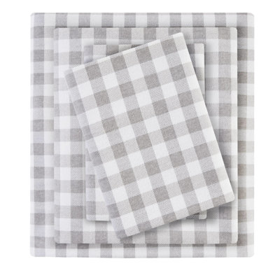 Ensemble de draps 4 pièces avec motif à chevrons gris, flanelle 100% coton, doux et confortable, drap plat, 2 taies d'oreiller ajustées, flanelle à motif à carreaux, doux