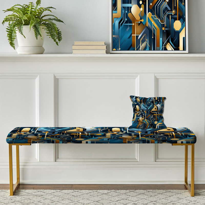 Blue Matrix Geometric Reflections - Geometric Upholstered Gold Bench