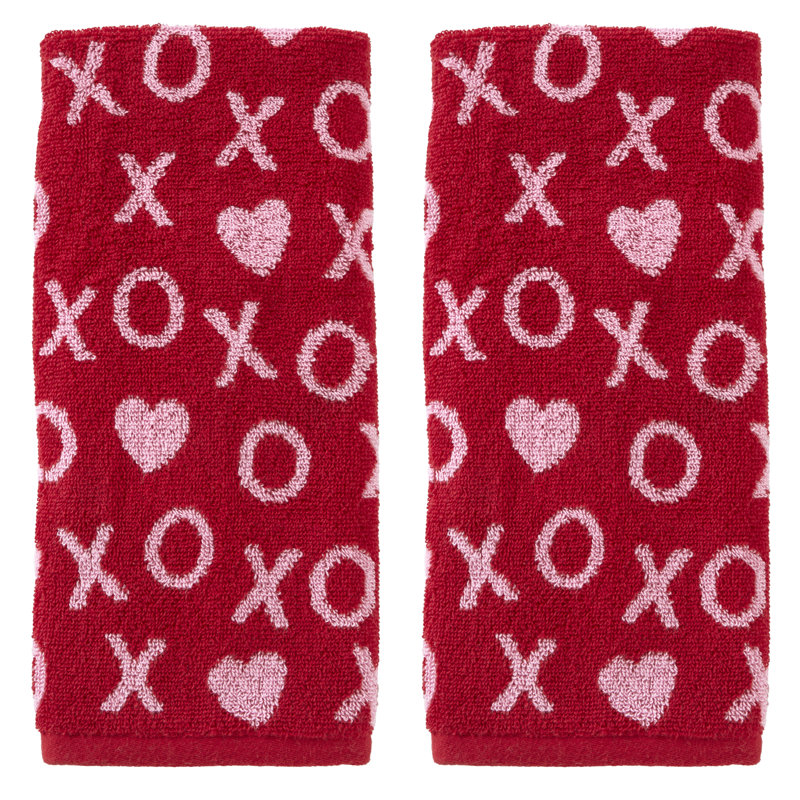 Red and Pink Cotton Microfiber Xs and Os Hand Towels Set