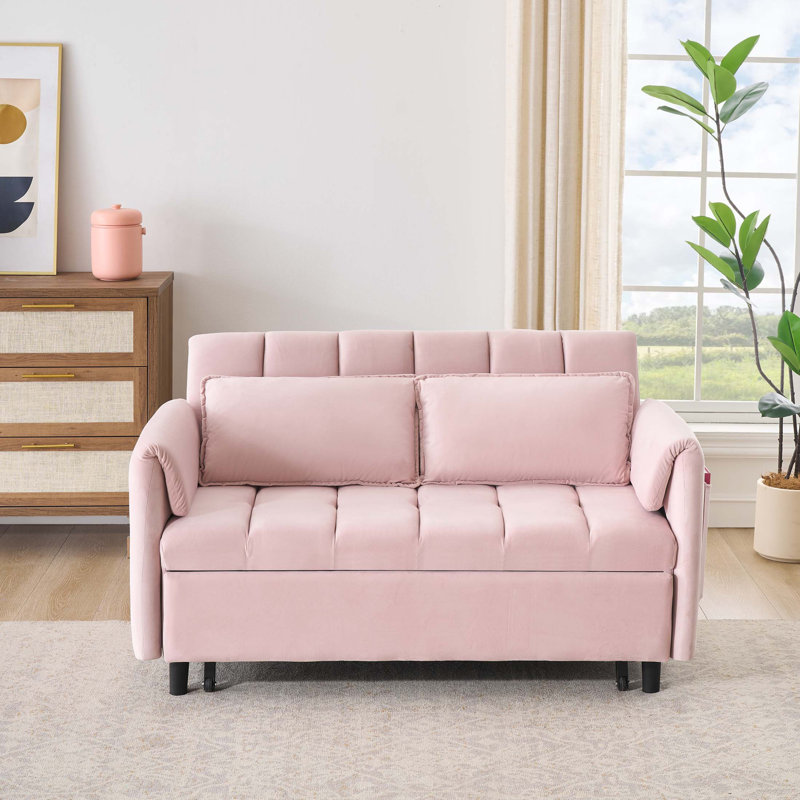 52" Modern Velvet Sofa Bed - 3-In-1 Convertible with Pillows & Side Pockets, Pink