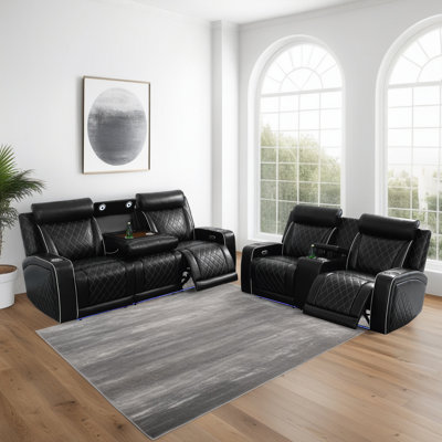2-Piece Power Recliner Sofa Set With Console & Fold-Down Table - Black Breathable Leather Sectional With 4 Electric Recliners, USB Charging & LED Lighting