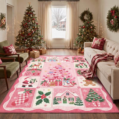 Tapis lavable rose et blanc à motif animal de Noël Gingerbread & Reindeer
