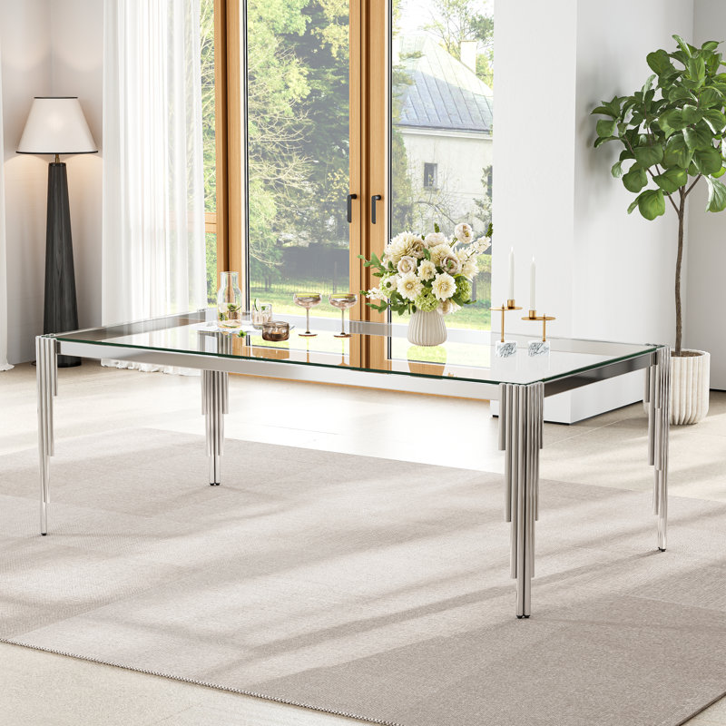 7-Piece Dining Table Set, 80" Rectangular Tempered Glass Dining Table, Stainless Steel Round Tube Legs, 6 Velvet Upholstered Dining Chairs With Tufted Nailhead Accents And Stainless Steel Frame