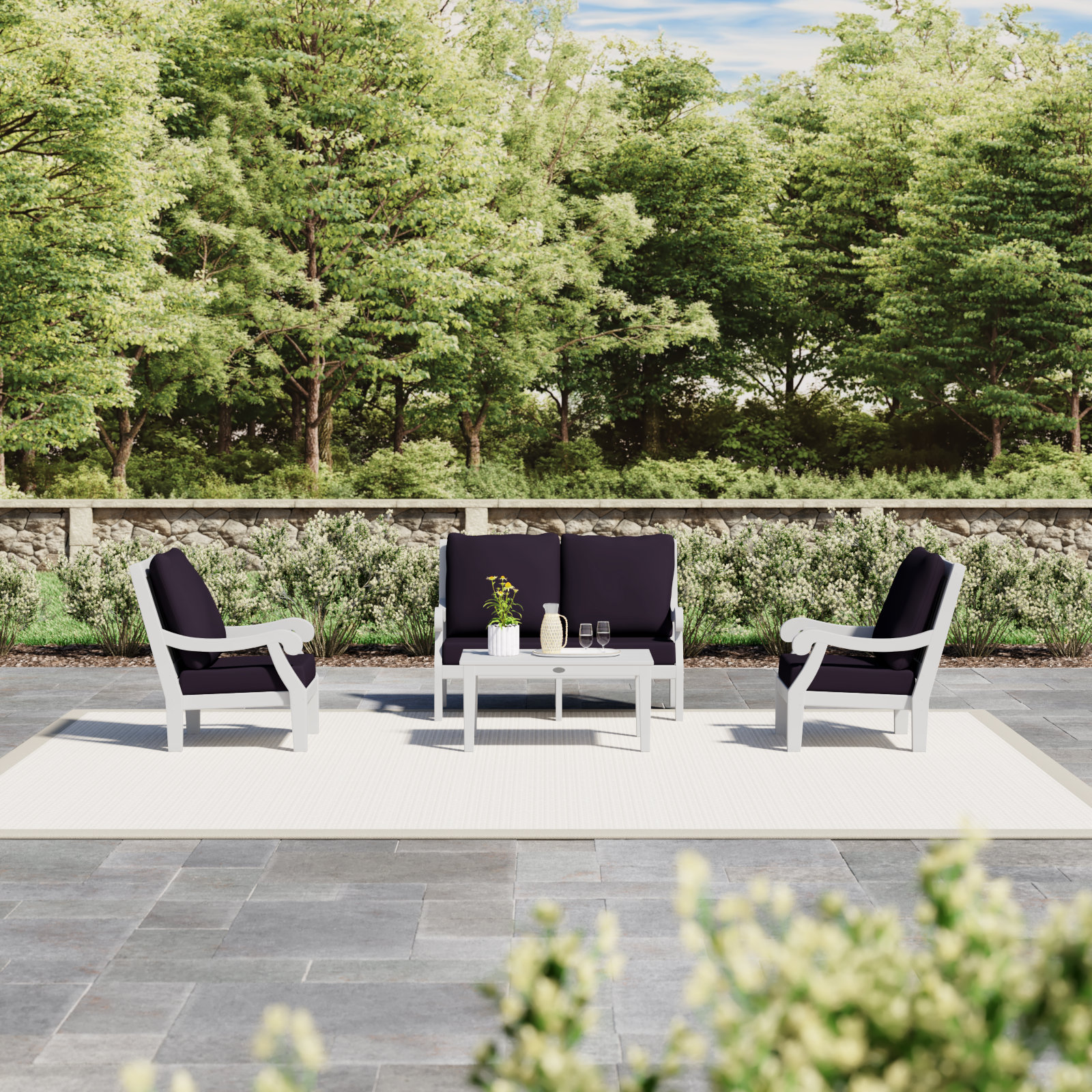POLYWOOD® Verlyn 4-Person Patio Seating Group, Navy Linen Cushion/White Frame