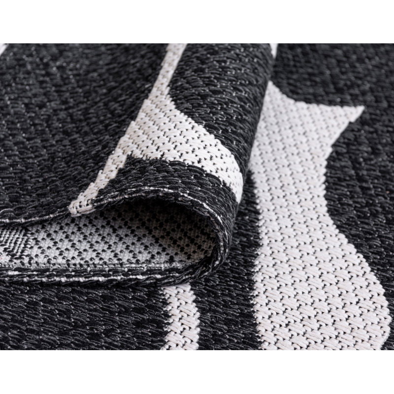 Tapis noir / ivoire en coton damassé, Rectangle 7 pi 5 po x 10 pi