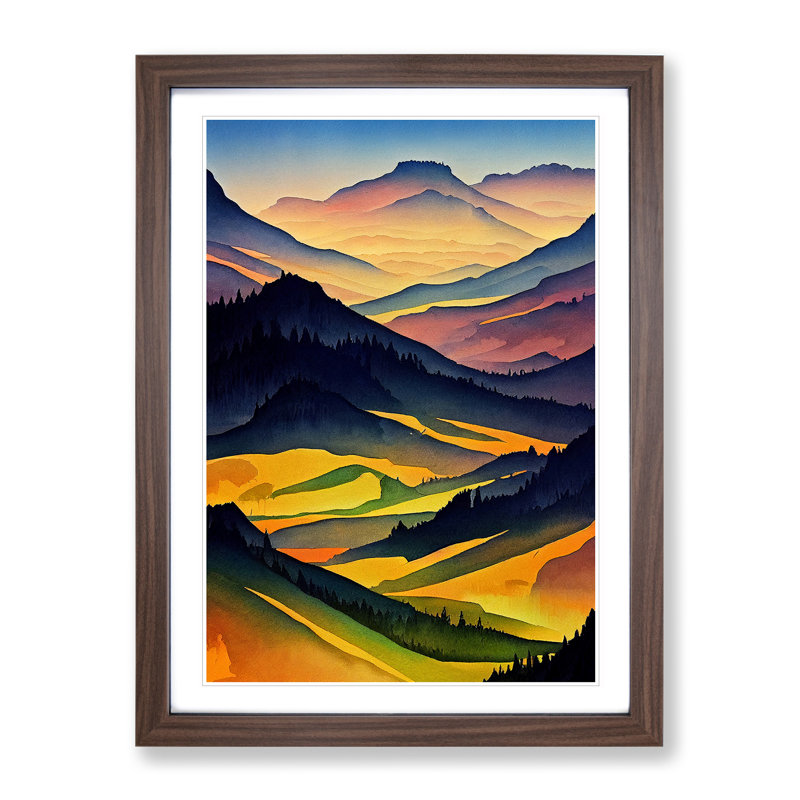 Meadow Landscape Watercolour No.2 - Framed Print, 34cm H x 25cm W x 2cm D, Walnut