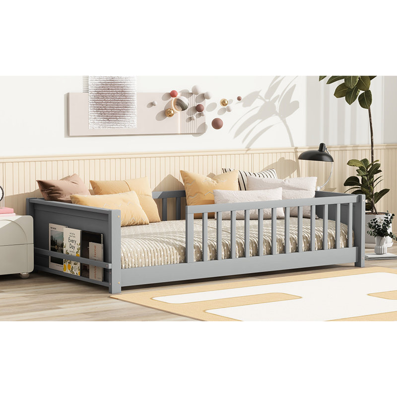Lit simple gris avec rangement pour livres et rails, fabriqué en bois d'hévéa, 7 lattes de soutien, support compact pour espaces d'assemblage convenables, bois, lattes renforcées, facile