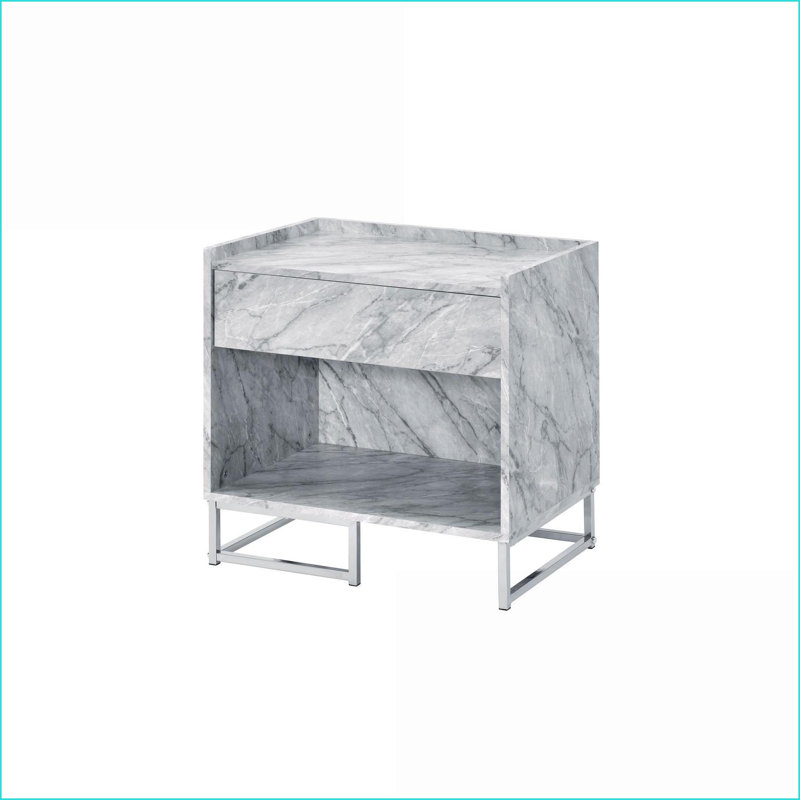 Table basse blanche en faux marbre avec base chromée - 1 tiroir et amp; Rangement ouvert, assemblage facile pour le salon