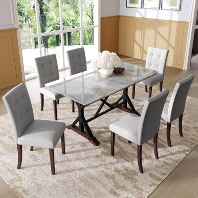 Table de salle à manger moderne, ensemble de table de salle à manger 7 pièces, table de salle à manger en pierre frittée grise avec 6 chaises capitonnées, table de salle à manger rectangulaire pour la salle à manger (1 table + 6 chaises)
