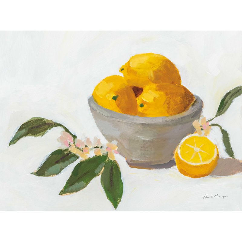 Citrons dans un bol gris - peinture sur toile tendue, H 12 po x l 16 po