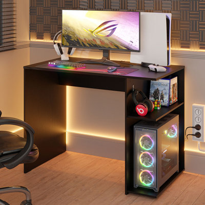 Bureau d'ordinateur de jeu compact avec 2 tablettes, gestion des câbles et grand support pour écran