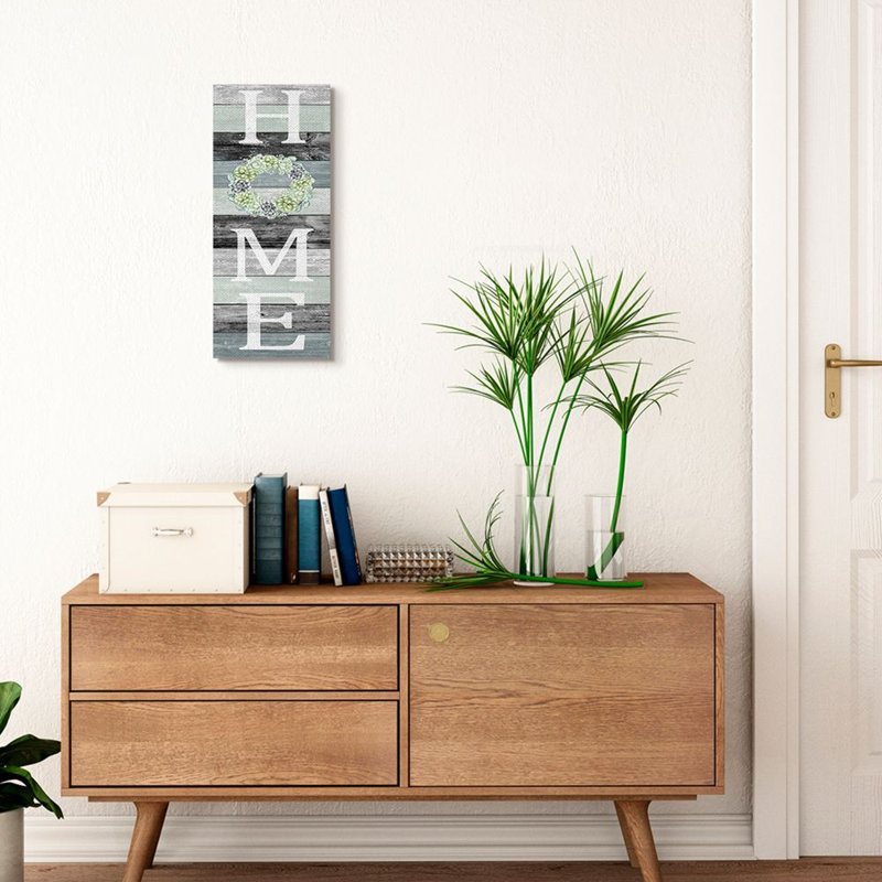 «Succulent Wreath Welcome Home Sign» par Kim Allen - impression d'art graphique, H 24 po x l 10 po x P 1,5 po, Toile tendue