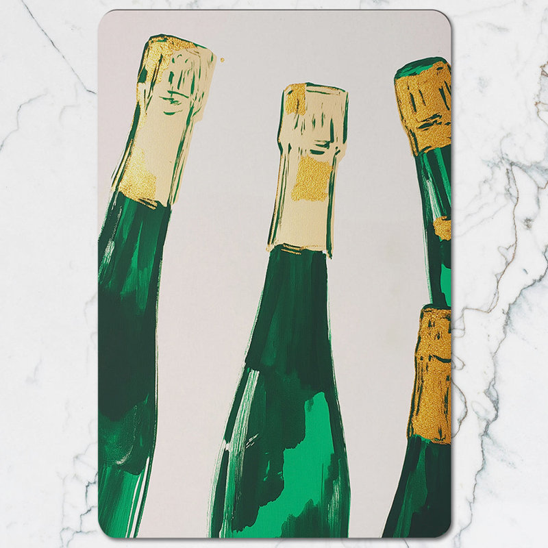 Set Of 12 Placemats And Coasters Featuring Green Champagne Bottle Artwork On Wood Backing