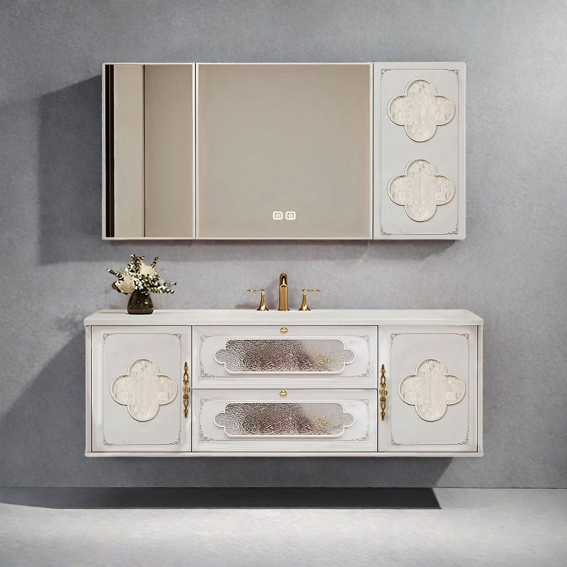 French light luxury style bathroom cabinet, White, 19.68" H x 55.11" W x 21.65" D