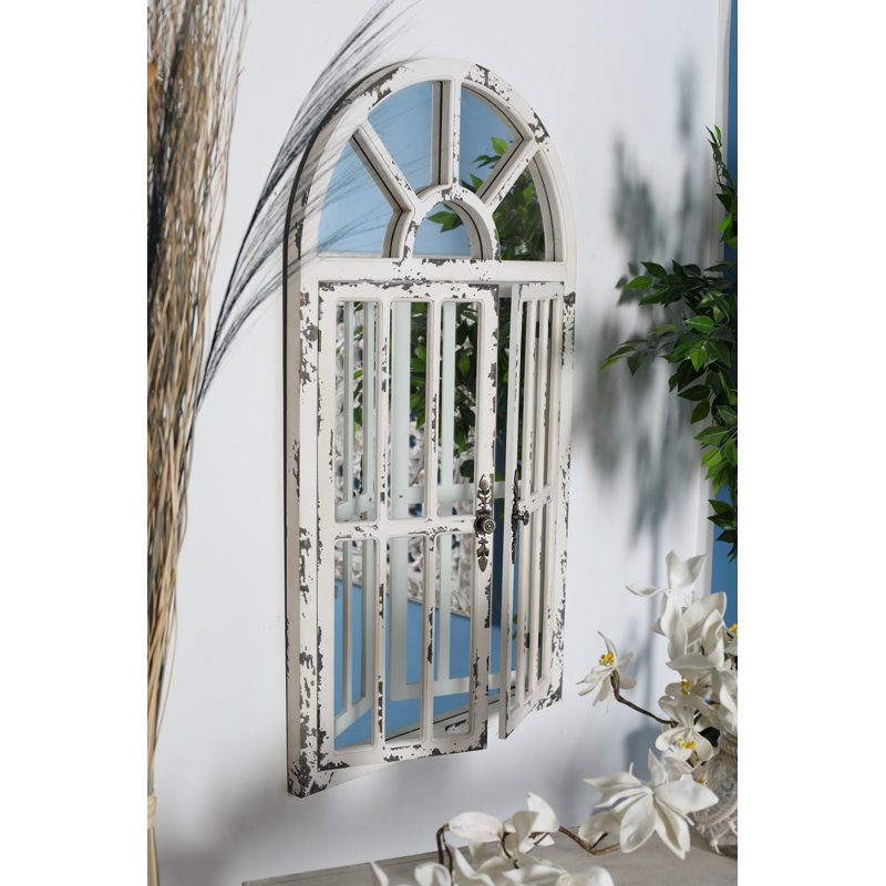 Mao Wood Window Pane Inspired 2 Door White Wall Mirror with Arched Top and Distressing