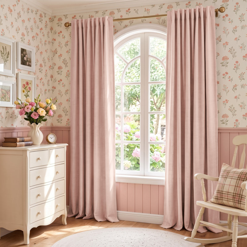 Birglinde Faux Linen Thermal 100% Blackout Curtains Rod Pocket/Ring Clips, 50" W x 102" L, Blush Pink