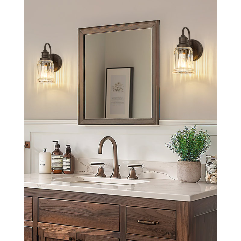Applique à bras en acier avec verre transparent cannelé, Bronze frotté à l'huile