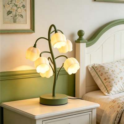 6 Lily of the Valley Vintage Green Table Lamp, Frosted Bellflower Shades, Adjustable Curved Metal Branches, Cottagecore Desk Lamp