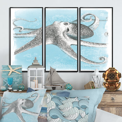 «Coastal Sea Life II Octopus Sketches», ensemble d'art mural sur toile encadré nautique et côtier